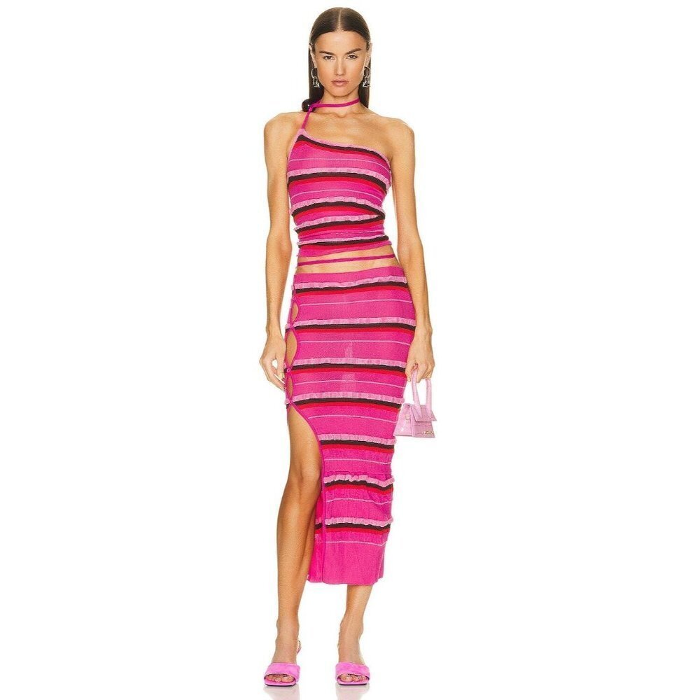 Jacquemus Hot Pink Striped One-Shoulder Tank Top
